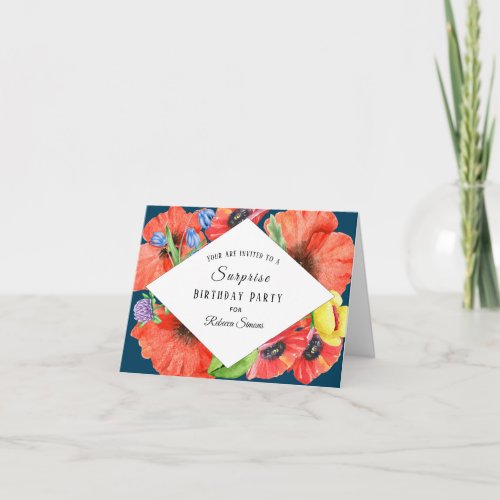 Red Poppies Watercolor Floral Surprise Birthday Invitation