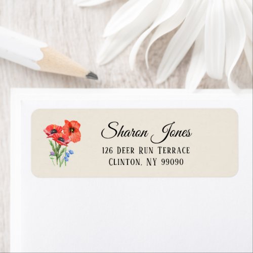 Red Poppies Watercolor Flowers Label