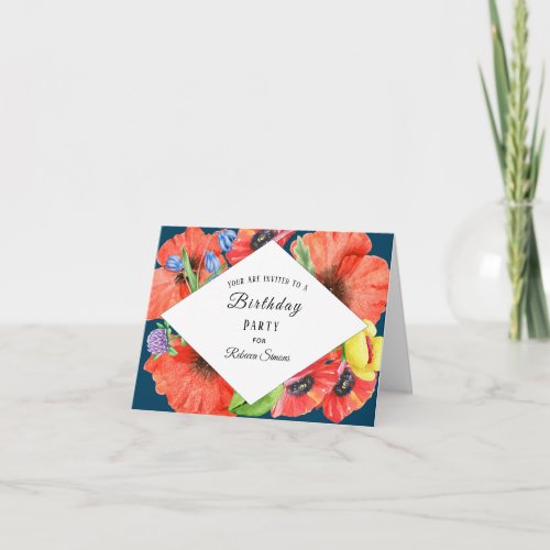 Red Poppies Watercolor Meadow Flowers Birthday Invitation