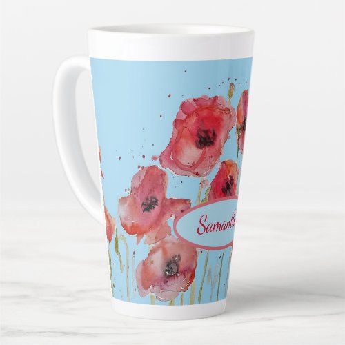 Red Poppies Watercolor Poppy art Customizable Name Latte Mug
