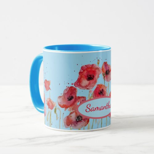 Red Poppies Watercolor Poppy art Customizable Name Mug