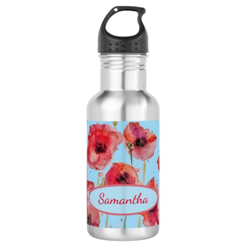 Red Poppies Watercolor Poppy art Customizable Name Stainless Steel Water Bottle