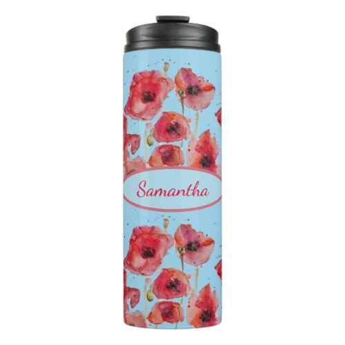Red Poppies Watercolor Poppy art Customizable Name Thermal Tumbler