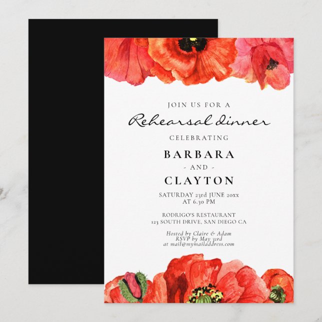 Red poppies watercolor rehearsal dinner invitation (Front/Back)