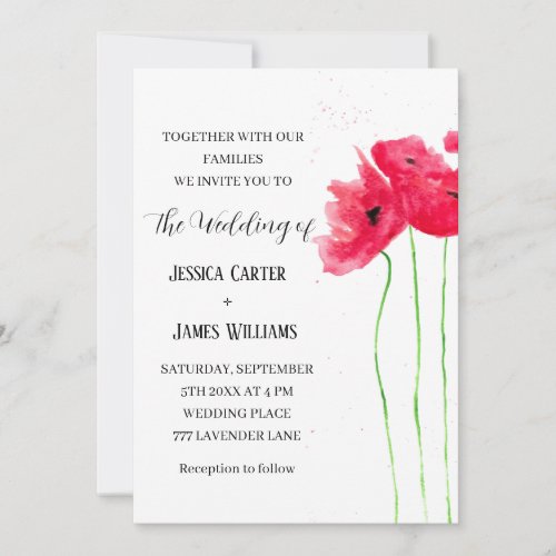 Red Poppies Watercolor Rustic Elegant Wedding Invitation