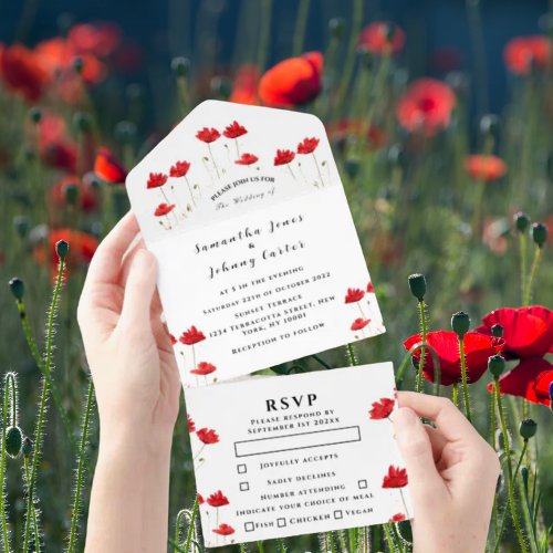 Red Poppies Watercolor Script Elegant Wedding All In One Invitation