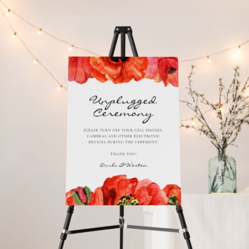 Red poppies watercolor Unplugged ceremony sign