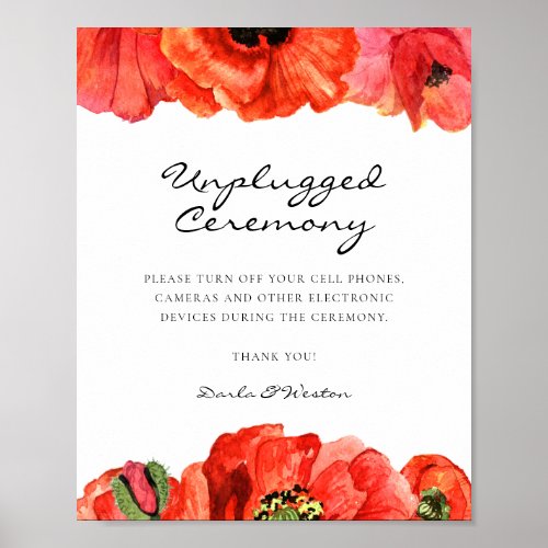 Red poppies watercolor Unplugged wedding ceremony Poster