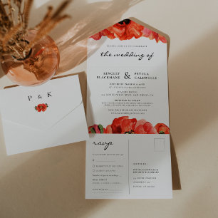 Red poppies watercolor wedding all in one invitation