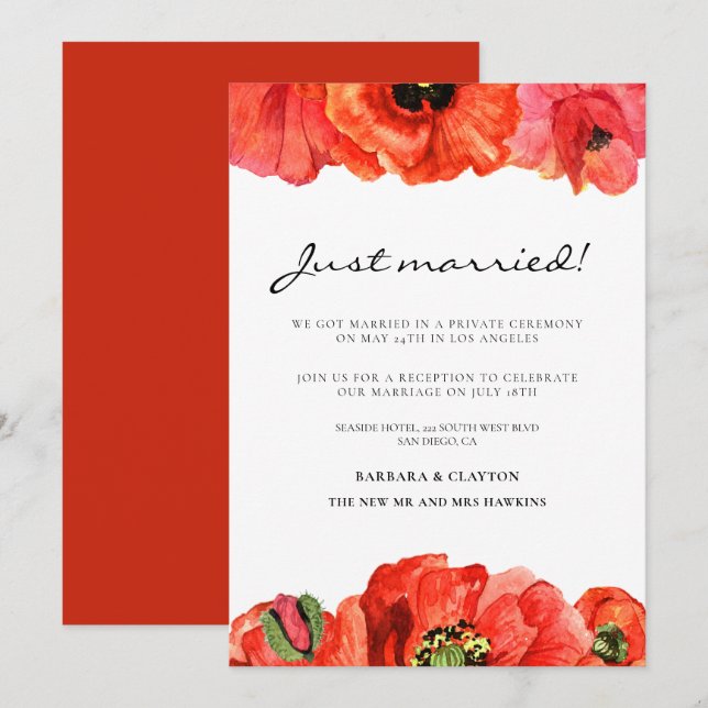 Red poppies watercolor wedding announcement (Front/Back)