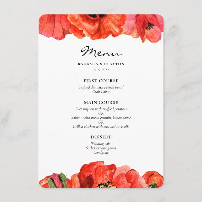 Red poppies watercolor wedding menu (Front)