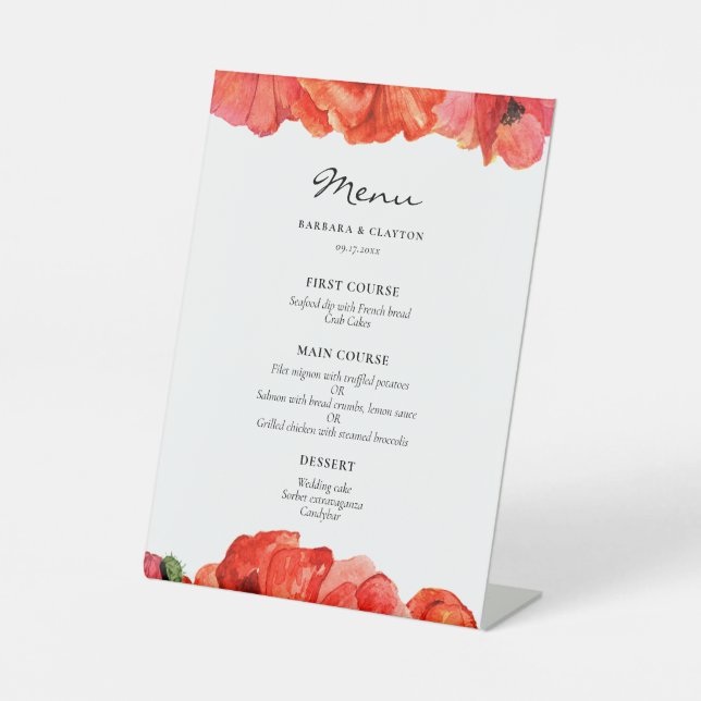Red poppies watercolor wedding menu pedestal sign (Front)