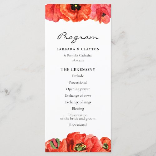 Red poppies watercolor wedding program