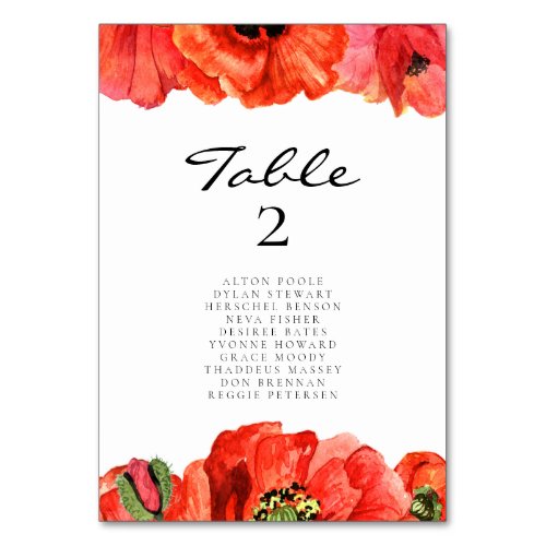 Red poppies watercolor wedding seating chart cards