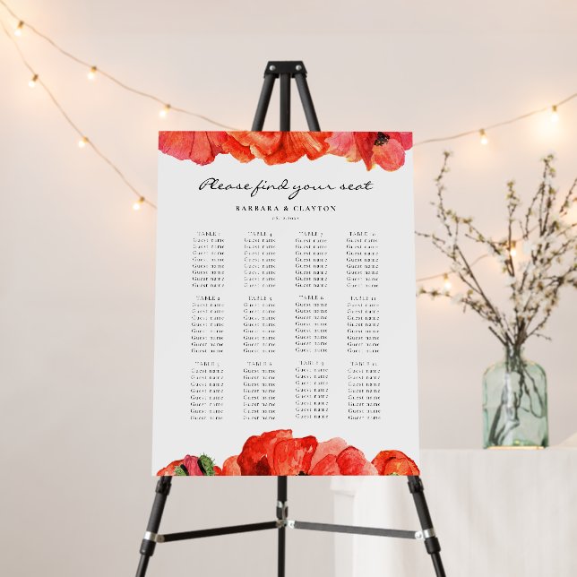 Red poppies watercolor wedding seating chart foam board (In Situ (Stand))