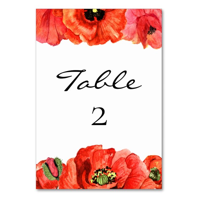 Red poppies watercolor wedding table number (Front)