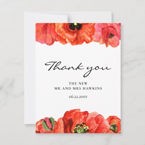 Red poppies watercolor wedding thank you card