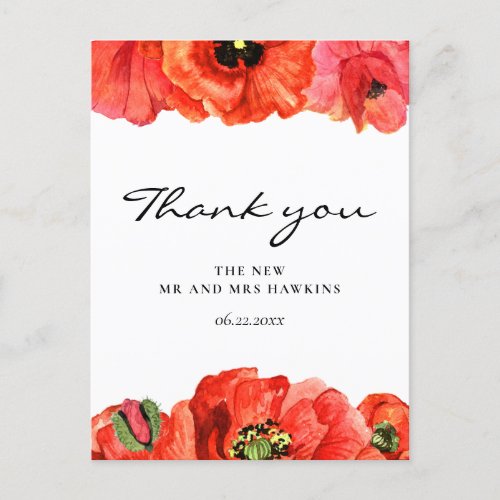 Red poppies watercolor wedding thank you postcard