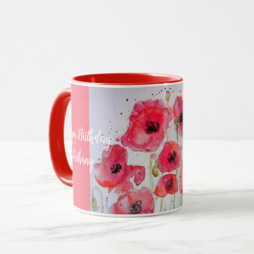 Red Poppies Watercolour Ladies Name Mug Scarlet