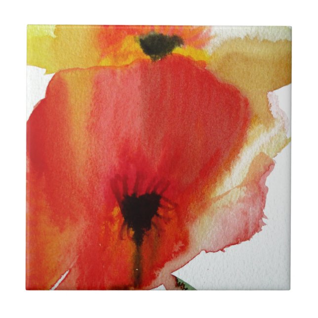 Red Poppies watercolour modern floral art Ceramic Tile (Front)