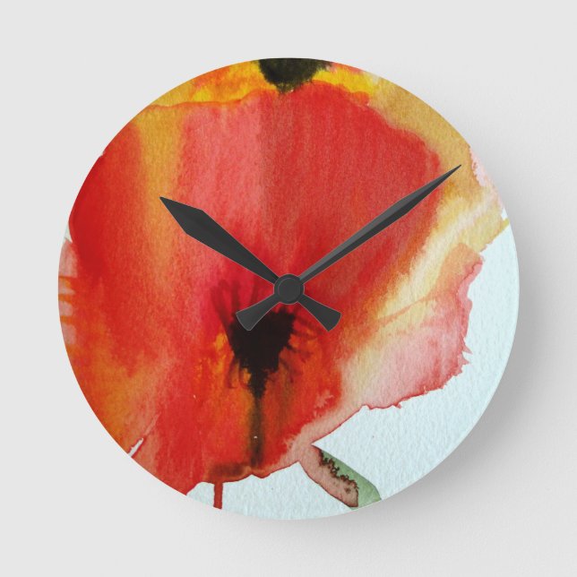Red Poppies watercolour modern floral art Round Clock (Front)