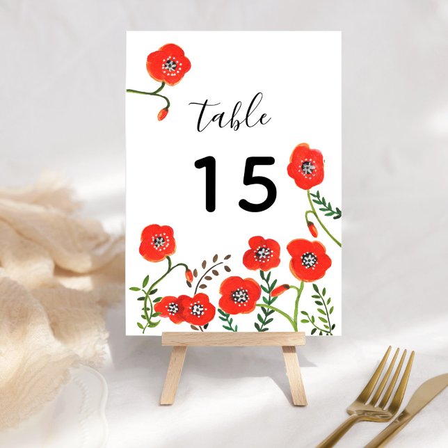 Red Poppies Wedding Table Number Printable Sign (Red poppies modern floral wedding table number)