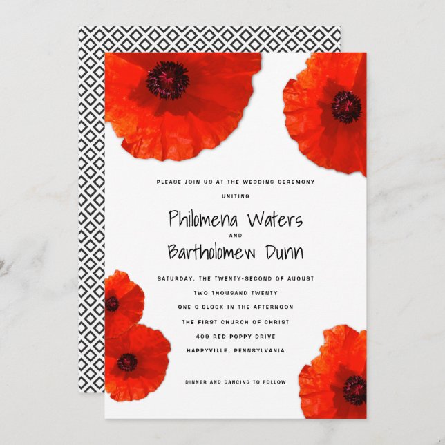 Red Poppies White n Black Wedding Invitations (Front/Back)