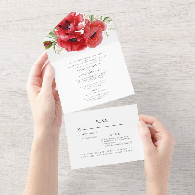 Red Poppies White Two Venue Wedding  All In One All In One Invitation (Tearaway)