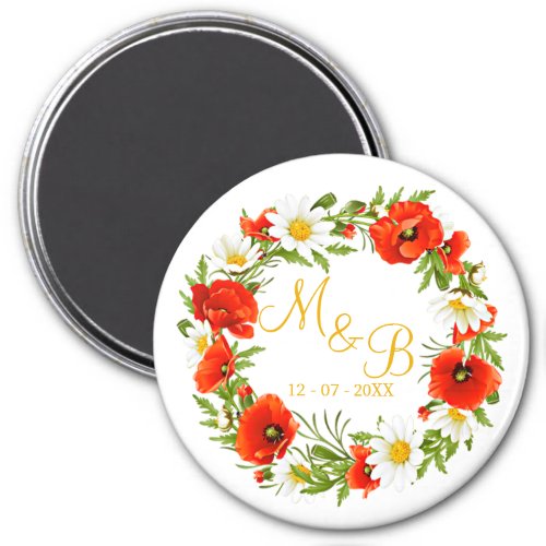 Red Poppies White Yellow Daisies Flower Wreath Magnet
