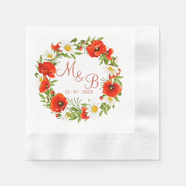 Red Poppies White Yellow Daisies Flower Wreath Napkins (Front)