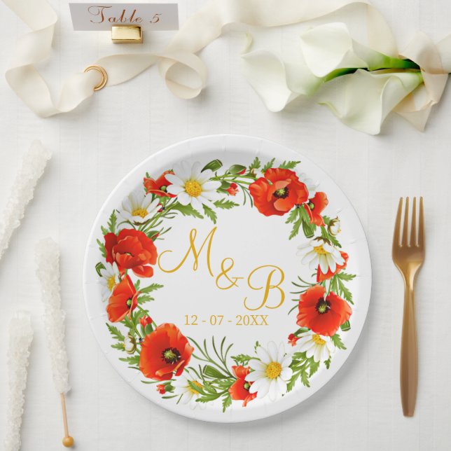 Red Poppies White Yellow Daisies Flower Wreath Paper Plates (Wedding)