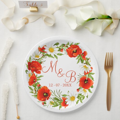Red Poppies White Yellow Daisies Flower Wreath Paper Plates