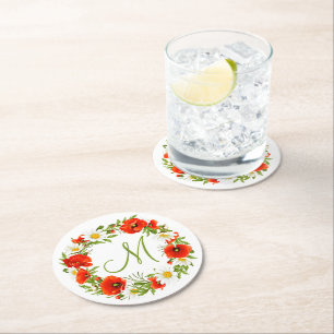 Red Poppies White Yellow Daisies Flower Wreath Round Paper Coaster