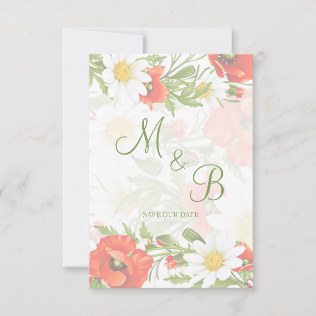 Red Poppies White Yellow Daisies Flower Wreath Save The Date (Front)