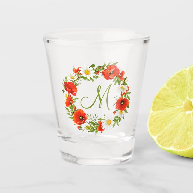 Red Poppies White Yellow Daisies Flower Wreath Shot Glass (Front)