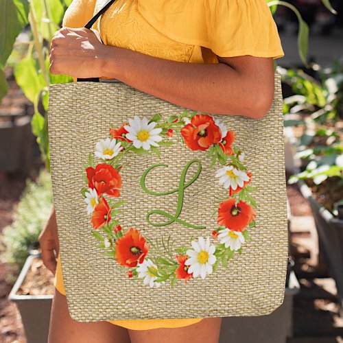 Red Poppies White Yellow Daisies Flower Wreath Tote Bag