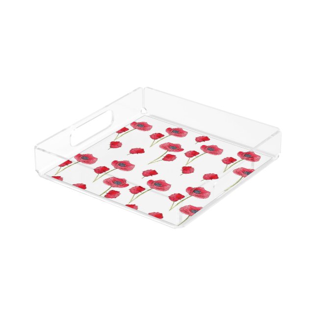 Red Poppies Wildflower Watercolor Pattern Acrylic Tray (Angled)
