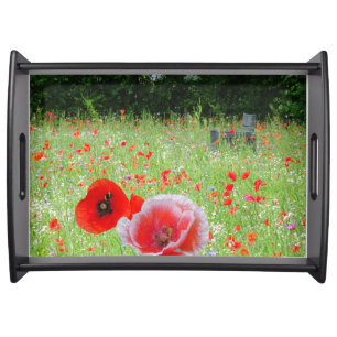 Red Poppies with Bench Serving Tray
