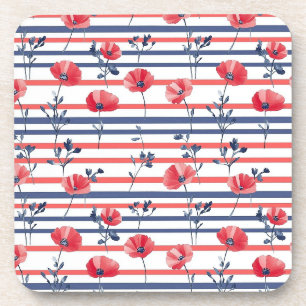 Red Poppies with Blue Leaves and Striped Pattern 2 Beverage Coaster