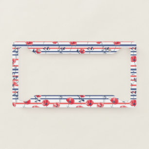 Red Poppies with Blue Leaves and Striped Pattern 2 License Plate Frame