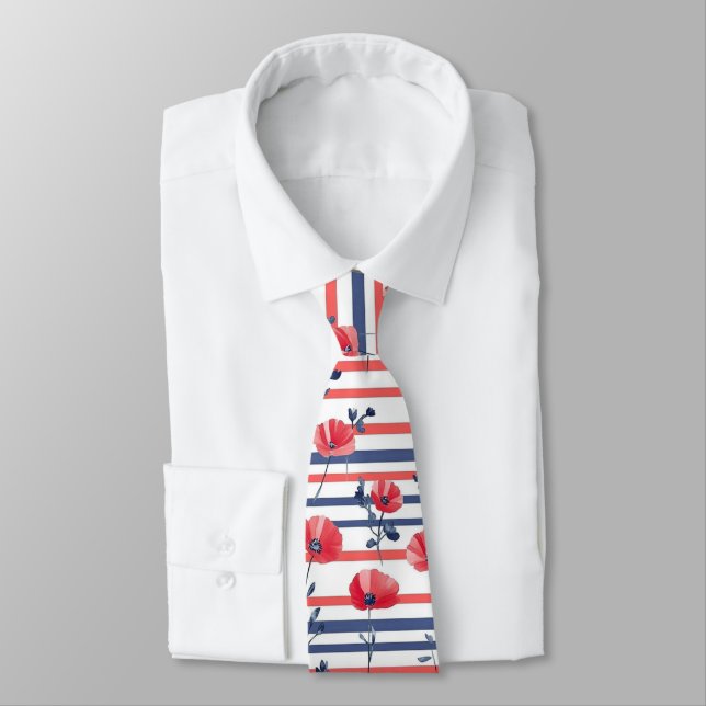Red Poppies with Blue Leaves and Striped Pattern 2 Neck Tie (Tied)