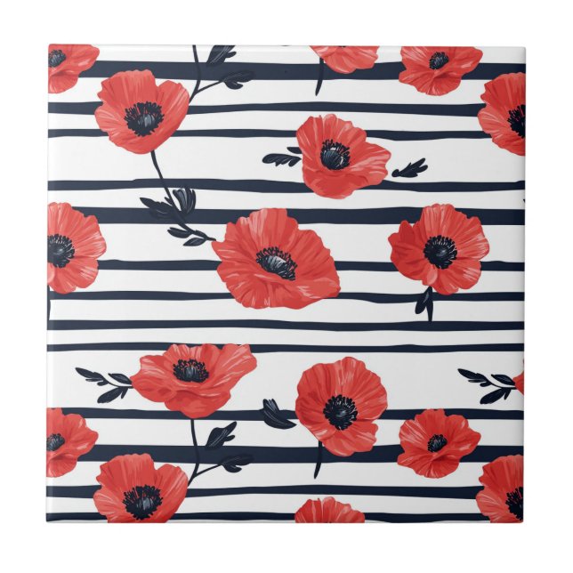 Red Poppies with Blue Leaves and Striped Pattern 3 Ceramic Tile (Front)