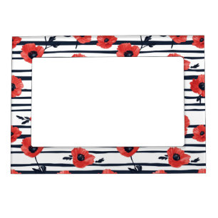 Red Poppies with Blue Leaves and Striped Pattern 3 Magnetic Frame