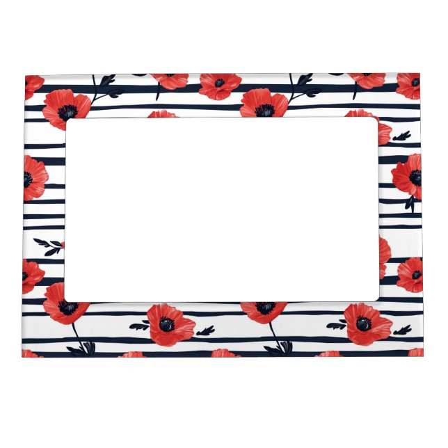 Red Poppies with Blue Leaves and Striped Pattern 3 Magnetic Frame (Front)