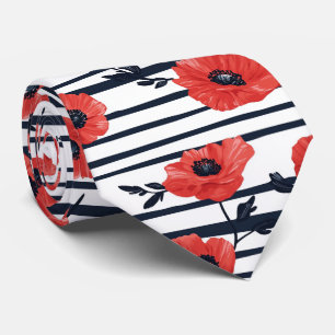 Red Poppies with Blue Leaves and Striped Pattern 3 Neck Tie