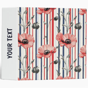 Red Poppies with Blue Leaves and Striped Pattern 3 Ring Binder