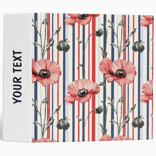 Red Poppies with Blue Leaves and Striped Pattern 3 Ring Binder (Front/Spine)