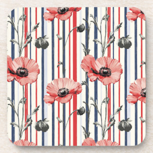 Red Poppies with Blue Leaves and Striped Pattern Beverage Coaster