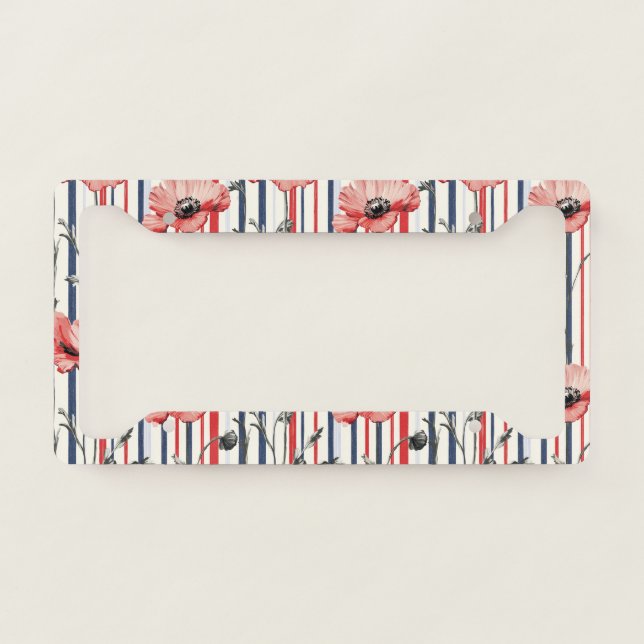 Red Poppies with Blue Leaves and Striped Pattern License Plate Frame (Front)