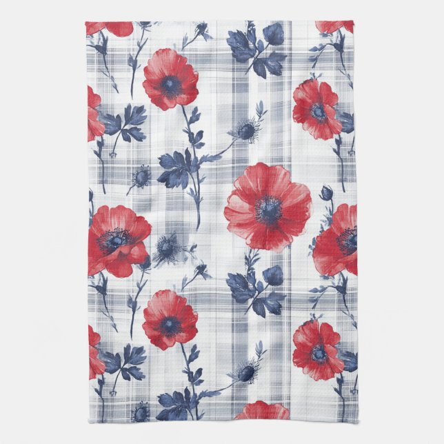 Red Poppies with Blue Leaves on Blue Checkered Kitchen Towel (Vertical)